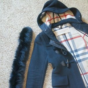 Burberry Brit Wool Coat with Fox Fur Trim Hood Black